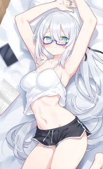 1girl absurdres aqua_nails armpits arms_up bare_arms bare_shoulders barefoot black_shorts book breasts camisole cellphone closed_mouth commentary commission crop_top crop_top_overhang dolphin_shorts drawstring from_above glasses green_eyes hair_ribbon highres hiraga_matsuri long_hair looking_at_viewer looking_over_eyewear lying medium_breasts midriff nail_polish navel on_back on_bed open_book original phone pillow ribbon semi-rimless_eyewear shirt short_shorts shorts skeb_commission sleeveless sleeveless_shirt smartphone smile solo spaghetti_strap stomach thighs under-rim_eyewear very_long_hair white_hair white_shirt