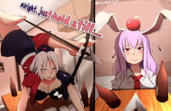 Rule 34 | 2girls, animal ears, apple on head, arrow (projectile), barefoot, beer bottle, between toes, black bra, blue dress, bow (weapon), bra, breasts, cabinet, cleavage, closed mouth, cloudykeyz, commentary, dress, english text, flying sweatdrops, foot archery, glint, gradient text, grey eyes, handstand, hat, highres, holding weapon with feet, holding with feet, large breasts, light blush, long braid, long hair, multiple girls, necktie, nervous smile, nurse cap, open mouth, purple hair, rabbit ears, red dress, red eyes, red necktie, reisen udongein inaba, shirt, smile, sweat, table, tile floor, tiles, touhou, trembling, twitter username, two-tone dress, underwear, untranslatable commentary, weapon, white hair, white shirt, yagokoro eirin