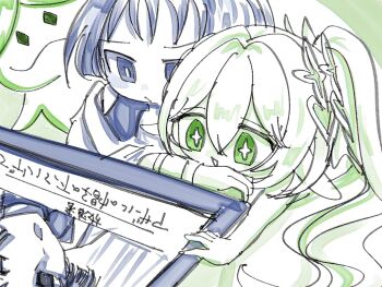 1boy 1girl aranara_(genshin_impact) arm_around_shoulder blunt_ends bodysuit bracelet closed_mouth commentary_request cross-shaped_pupils dry_eyes genshin_impact hair_between_eyes head_rest japanese_clothes jewelry kimono limited_palette long_hair lying nahida_(genshin_impact) on_stomach pointy_ears scaramouche_(genshin_impact) side_ponytail sidelocks single_bare_shoulder single_off_shoulder symbol-shaped_pupils tareme translation_request wanderer_(genshin_impact) watching wispy_bangs