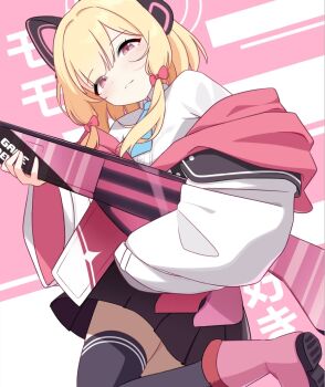 1girl :3 animal_ear_headphones animal_ears aqua_necktie battle_rifle black_skirt black_thighhighs blonde_hair blue_archive blush boots bow buttons cat_ear_headphones cat_ears character_name chinese_commentary closed_mouth collared_shirt commentary_request dot_nose eyes_visible_through_hair fake_animal_ears foot_out_of_frame gun h&amp;k_g3 hair_bow half-closed_eyes halo head_tilt headphones holding holding_gun holding_weapon hood hood_down hooded_jacket jacket kiko_bomb leg_up long_sleeves looking_at_viewer low-tied_sidelocks medium_hair momoi_(blue_archive) multicolored_jacket necktie off_shoulder parted_bangs pink_background pink_boots pink_bow pink_eyes pink_jacket pleated_skirt rifle school_uniform shirt shoe_soles shoes sidelocks simple_background single_sleeve_past_fingers single_sleeve_past_wrist skirt smile solo split_mouth text_background thighhighs thighs twisted_torso two-sided_fabric two-sided_jacket two-tone_background weapon white_background white_jacket white_shirt wide_sleeves zettai_ryouiki