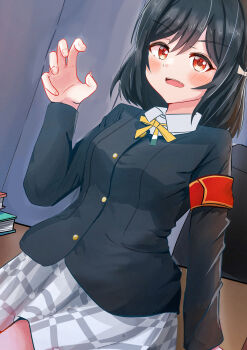 1girl absurdres black_hair blush book claw_pose desk highres indoors jacket long_sleeves looking_at_viewer love_live! love_live!_hasu_no_sora_jogakuin_school_idol_club medium_hair mifune_shioriko on_desk open_mouth pixiv red_eyes ribbon sitting skirt solo table
