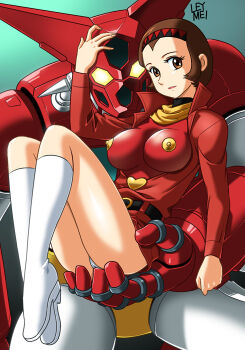 1girl belt boots breasts brown_eyes brown_hair carrying covered_erect_nipples female_focus getter-1 getter_robo gradient_background hairband impossible_clothes impossible_shirt jilpoong17 large_breasts legs looking_at_viewer panties pantyshot robot saotome_michiru shirt short_hair simple_background thighs toei_company underwear white_legwear white_panties