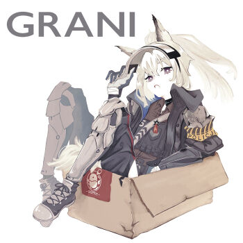 1girl animal_ears arknights armband blue_gloves blue_jacket blue_pants blue_shoes box bright_pupils brown_shirt cardboard_box character_name choker collared_shirt commentary_request face_shield full_body gloves grani_(arknights) grey_hair hand_up highres in_box in_container infection_monitor_(arknights) jacket knees_up long_hair long_sleeves mugioec open_mouth pants penguin_logistics_logo ponytail purple_eyes shin_guards shirt shoes simple_background sitting sneakers solo white_background white_pupils