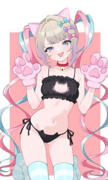 1girl alternate_costume animal_costume animal_ears animal_hands aqua_bow aqua_hair aqua_thighhighs bell blonde_hair blue_eyes blunt_bangs bow breasts cat_costume cat_cutout cat_ears cat_paws chouzetsusaikawa_tenshi-chan clothing_cutout commentary fake_animal_ears gradient_hair hair_bow highres inami_(x_spidekawaii_x) long_hair multicolored_bow multicolored_hair multiple_hair_bows navel neck_bell needy_girl_overdose pink_bow pink_hair purple_bow quad_tails small_breasts stomach sweatdrop symbol-only_commentary thighhighs very_long_hair