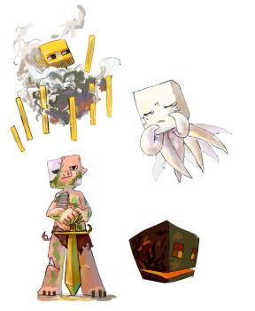 blaze_(minecraft) crying ghast hakkyotyui magma_cube minecraft no_humans simple_background sword tears v weapon white_background zombified_piglin