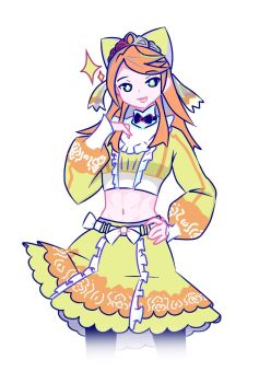 Rule 34 | 1girl, abs, black bow, black bowtie, bow, bowtie, crop top, etie (fire emblem), fire emblem, fire emblem engage, floralprotector, gem, green bow, green eyes, green shirt, green skirt, highres, hooded top, nintendo, orange gemstone, orange hair, shirt, skirt, swept bangs, tiara