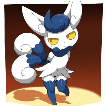 blue_fur full_body gen_6_pokemon highres ino_eye looking_to_the_side meowstic meowstic_(female) multiple_tails nintendo no_humans orange_pupils pokemon pokemon_(creature) solo tail two-tone_fur two_tails white_fur yellow_eyes
