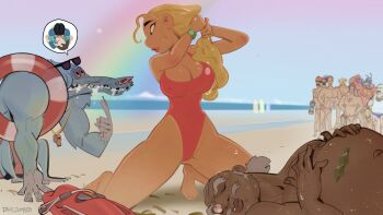 Rule 34 | 1girl, 6+boys, acting, ahoge, aqua teen hunger force, baboon, baboon (ren &amp; stimpy), beach, blonde hair, blue sky, breasts, carl brutananadilewski, cartoon network, character request, clenched teeth, covered erect nipples, covered navel, crossover, curvy, dark-skinned female, dark skin, day, fat, fat man, from below, green eyes, highleg, highleg one-piece swimsuit, highres, johnny bravo (series), kneeling, large breasts, lifeguard (lilo &amp; stitch), lilo &amp; stitch, long hair, looking at another, lying, multiple boys, older male and younger female, on back, one-piece swimsuit, outdoors, parted lips, philtomato, pun, red one-piece swimsuit, ren &amp; stimpy, shiny skin, sky, swimsuit, teeth, wet, wet hair, wide hips