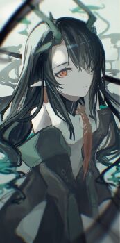 Rule 34 | 1girl, arknights, black hair, dragon girl, dragon horns, dusk (arknights), earrings, green horns, hair over one eye, highres, horns, jewelry, long hair, looking at viewer, mochi194745, one-hour drawing challenge, pointy ears, red eyes, solo, tassel, tassel earrings
