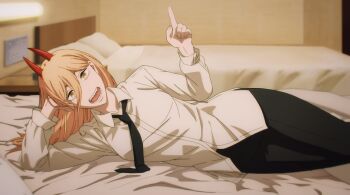 1girl bed black_necktie black_pants blonde_hair chainsaw_man demon_girl demon_horns devil_girl demon_horns highres horns hotel_room long_hair long_sleeves looking_at_viewer lying necktie on_side open_mouth pants pointing power_(chainsaw_man) screencap sharp_teeth shirt smile solo teeth white_shirt yellow_eyes
