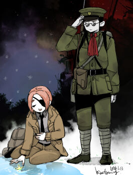 2girls artist_name belt_pouch black_hair black_necktie bob_cut boots closed_eyes commentary_request dated eyepatch glasses gun hat highres hirafumi long_sleeves military_hat military_uniform multiple_girls neckerchief necktie orange_hair original pouch red_neckerchief rifle short_hair signature sitting standing star_(sky) weapon