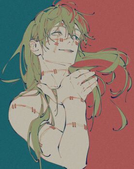 1boy androgynous arm_up blue_eyes commentary cropped_torso cursed_spirit_(jujutsu_kaisen) double-parted_bangs fingernails floating_hair green_hair hair_between_eyes heterochromia highres jujutsu_kaisen limited_palette long_hair looking_to_the_side mahito_(jujutsu_kaisen) male_focus mim_(mimya0600) nude parted_lips sideways_glance smile solo stitched_arm stitched_face stitched_neck stitched_wrist stitches teeth yellow_eyes