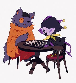 board_game buttons cat chair chess chess_piece chessboard colored_skin deltarune fang hat highres jester_cap jevil no_humans orange_tunic patch playing_games purple_cat purple_fur purple_skin scar seam_(deltarune) simple_background smile table tail tunic utdr_(toby_fox) white_background y_o_u_k_a