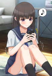 Rule 34 | 1girl, black hair, black socks, blue neckerchief, blue sailor collar, blue skirt, cellphone, closed mouth, commentary request, couch, crotch seam, eighth note, highres, holding, holding phone, indoors, lakuha (dwtk2424), miniskirt, motion lines, musical note, neckerchief, notice lines, on floor, original, panties, pantyshot, partial commentary, phone, pleated skirt, purple eyes, rug, sailor collar, school uniform, serafuku, shirt, sitting, skirt, smartphone, smile, socks, solo, spoken musical note, straight hair, underwear, white panties, white shirt, wooden floor