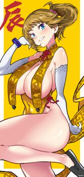 1girl absurdres aiuti alternate_costume blue_eyes blush breast_curtains breasts brown_hair china_dress chinese_clothes covered_navel dress gundam gundam_build_fighters gundam_build_fighters_try highres hoshino_fumina large_breasts smile solo
