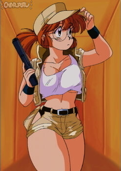 1girl adjusting_clothes adjusting_headwear artist_name belt black_belt black_eyes black_wrist_cuffs breasts brown_background brown_hair brown_hat brown_shorts brown_vest charupopu cleavage closed_mouth collarbone commentary cowboy_shot crop_top english_commentary fio_germi flat_cap glasses gun hat highres holding holding_gun holding_weapon looking_to_the_side medium_breasts metal_slug midriff mullet navel ponytail round_eyewear short_hair short_shorts shorts sidelighting solo tank_top thighs underboob vest weapon white_tank_top wrist_cuffs