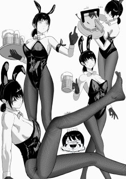 1girl 1other ^_^ alcohol animal_ear_hairband animal_ears armband beer beer_mug black_hair bow bowtie breasts chainsaw_man closed_eyes cloudbuster_104 cup detached_collar drinking_glass fake_animal_ears fishnet_pantyhose fishnets from_above from_side gloves greyscale grin hairband hand_up highleg highleg_leotard highres holding holding_cup holding_tray index_finger_raised leotard long_legs looking_at_viewer looking_to_the_side medium_breasts mitaka_asa monochrome mug multiple_views oversized_breast_cup pantyhose petting playboy_bunny pochita_(chainsaw_man) rabbit_ears simple_background smile tray white_background wrist_cuffs yoru_(chainsaw_man)