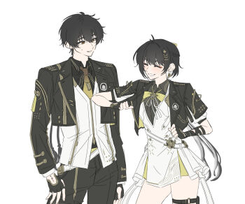 1boy 1girl black_gloves black_hair black_jacket black_pants bow bowtie breasts closed_eyes collared_shirt dress dual_persona earrings elbowing female_rover_(perpetual_spark)_(wuthering_waves) female_rover_(wuthering_waves) fingerless_gloves gloves grin highres jacket jewelry looking_at_another male_rover_(perpetual_spark)_(wuthering_waves) male_rover_(wuthering_waves) medium_breasts necktie official_alternate_costume pants parted_lips psym_2cha rover_(wuthering_waves) shirt simple_background smile tacet_mark_(wuthering_waves) thighs triangle_earrings white_background white_dress white_shirt wuthering_waves yellow_bow yellow_bowtie yellow_eyes yellow_necktie