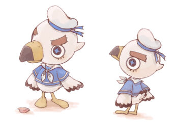 1boy animal_crossing bird_boy blue_shirt closed_mouth commentary_request full_body furry furry_male gulliver_(animal_crossing) hat multiple_views neckerchief nintendo omu_(rinarina724) sailor seashell shell shirt simple_background white_background white_hat white_neckerchief