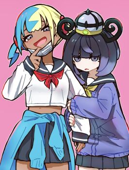 2girls :d alternate_costume aqua_hair aqua_sweater arm_hug black_hair black_sailor_collar black_skirt blonde_hair blunt_bangs bob_cut canari_(pokemon) clothes_around_waist commentary_request dark-skinned_female dark_skin gwynn_(pokemon) hat highres holding_another&#039;s_arm long_sleeves looking_at_viewer mask mask_pull meta-g_(curc8737) midriff mouth_mask multicolored_hair multiple_girls neckerchief nintendo open_mouth pink_background pleated_skirt pokemon pokemon_legends:_z-a purple_eyes purple_hair purple_sweater red_neckerchief sailor_collar school_uniform shirt short_hair skirt sleeves_past_wrists smile split-color_hair sweater sweater_around_waist two-tone_hair white_shirt yellow_neckerchief yuri