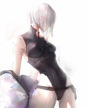 1girl absurdres armpits breasts collared_leotard cowboy_shot cyberpunk_(series) cyberpunk:_edgerunners highleg highleg_leotard highres hip_bones leaning_back leotard looking_to_the_side lucy_(cyberpunk) medium_breasts multicolored_hair shiszukaa simple_background solo upper_body white_background