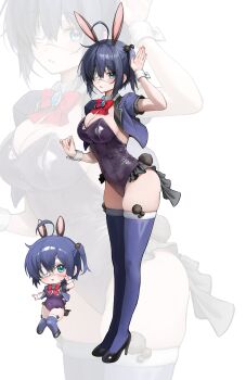 1girl absurdres ahoge animal_ears black_leotard black_shoes blue_eyes blue_hair blue_jacket blue_thighhighs blush bow breasts chibi chibi_inset chuunibyou_demo_koi_ga_shitai! covered_navel detached_collar eyepatch fur-trimmed_thighhighs fur_trim gunu_(nyzn3223) hair_between_eyes hair_ornament high_heels highres jacket leotard looking_at_viewer medical_eyepatch medium_breasts playboy_bunny pom_pom_(clothes) pom_pom_hair_ornament rabbit_ears rabbit_tail red_bow shoes short_hair solo standing strapless strapless_leotard tail takanashi_rikka thighhighs white_background wrist_cuffs zoom_layer