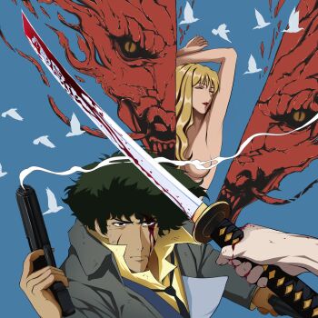 Rule 34 | bird, blonde hair, blood, blood on face, breasts, brown eyes, closed eyes, clothed male nude female, cowboy bebop, curly hair, dove, dragon, green hair, gun, julia (cowboy bebop), katana, lucyguusi, nude, spike spiegel, sword, weapon