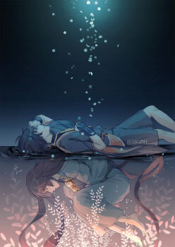 1boy arm_over_head black_shirt black_shorts closed_eyes closed_mouth commentary crying dual_persona english_commentary falling_petals fetal_position genshin_impact highres japanese_clothes kimono kuronushi_(genshin_impact) long_hair long_sleeves lying male_focus mgph on_back petals purple_hair ripples scaramouche_(genshin_impact) shirt short_hair short_sleeves shorts sleeping split_screen spoilers upside-down very_long_hair water white_kimono wide_sleeves wrist_guards