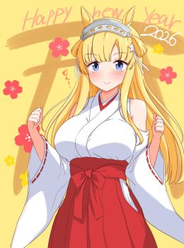 Rule 34 | 1girl, 2026, alternate costume, animal ears, blonde hair, blue eyes, breasts, chinese zodiac, clothing cutout, double bun, fletcher (kancolle), hair bun, hair ornament, hairband, hakama, happy new year, highres, hip vent, horse ears, japanese clothes, kantai collection, kemonomimi mode, large breasts, long hair, miko, new year, red hakama, ribbon-trimmed sleeves, ribbon trim, shoulder cutout, smile, star (symbol), star hair ornament, very long hair, wide sleeves, yatsurugi, year of the horse