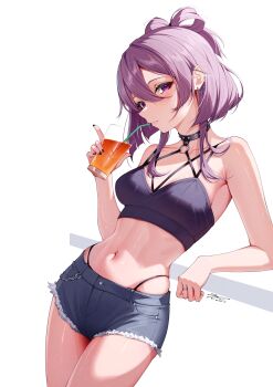 1girl 2_ru absurdres aika_himena armpit_crease barbell_piercing black_collar black_nails black_panties black_shirt blue_shorts blush collar commentary cowboy_shot crop_top cropped_shirt cup cutoffs double-parted_bangs drink drinking_glass drinking_straw ear_chain eyelashes film_grain fingernails hair_between_eyes hand_up highres holding holding_cup jewelry leaning_back linked_piercing long_bangs looking_at_viewer looking_to_the_side magia_record:_mahou_shoujo_madoka_magica_gaiden mahou_shoujo_madoka_magica nail_polish navel navel_piercing o-ring o-ring_top panties panty_straps parted_lips piercing purple_eyes purple_hair ring shiny_skin shirt short_hair_with_long_locks short_shorts shorts sideways_glance simple_background solo spiked_collar spikes standing stomach underwear white_background