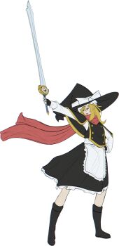 1girl absurdres apron artist_request black_boots blonde_hair boots bow braid capelet dress fingerless_gloves gloves hair_bow hat hat_bow highres holding holding_sword holding_weapon kirisame_marisa long_sleeves medium_hair mini-hakkero open_mouth red_scarf ribbon scarf single_braid smile solo sword touhou transparent_background weapon witch_hat yellow_eyes