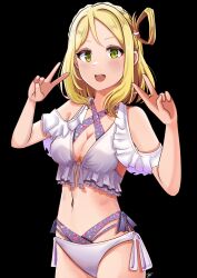 Rule 34 | 1girl, absurdres, bikini, black background, blonde hair, blush, breasts, cleavage, commentary, double v, frilled bikini, frills, hair between eyes, hands up, highres, looking at viewer, love live!, love live! sunshine!!, medium breasts, midriff, navel, ohara mari, open mouth, purple bikini, single hair ring, solo, standing, swimsuit, teeth, upper body, upper teeth only, v, whin, yellow eyes