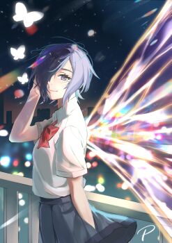 1girl black_skirt blue_eyes bow bowtie breasts bug butterfly collared_shirt hair_over_one_eye insect kagune_(tokyo_ghoul) kirishima_touka night philip_c pleated_skirt red_bow red_bowtie shirt short_hair short_sleeves skirt small_breasts smile solo tokyo_ghoul white_shirt wings