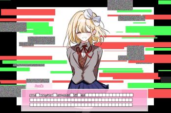 ^_^ blazer blonde_hair blue_skirt bow brown_jacket censored censored_text closed_eyes doki_doki_literature_club glitch hololive hololive_english jacket monika_(doki_doki_literature_club) mus_sket parody red_ribbon ribbon school_uniform skirt solo static virtual_youtuber visual_novel watson_amelia white_bow