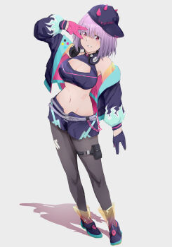 1girl a_(c3einycggcevevf) absurdres baseball_cap belt black_pantyhose breasts cleavage cleavage_cutout clothing_cutout gloves gridman_universe grin hat headphones headphones_around_neck highres large_breasts medium_hair midriff navel off_shoulder pantyhose pouch purple_hair red_eyes salute shinjou_akane shorts sideways_hat smile solo ssss.gridman thigh_pouch torn_clothes torn_pantyhose two-tone_gloves vulcan_salute