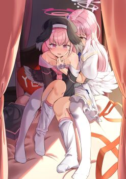 2girls 96mako absurdres bare_shoulders beret black_hat black_shirt black_wings blue_archive blush clothes_pull collarbone commentary dress feathered_wings frilled_dress frills full_body hair_between_eyes hair_bun halo hat head_wings highres hug hug_from_behind indoors kneehighs knees_up koharu_(blue_archive) long_hair long_sleeves looking_at_another loose_socks mika_(blue_archive) multiple_girls neckerchief no_shoes on_bed open_mouth panties pink_eyes pink_halo pink_neckerchief sailor_collar school_uniform scrunchie serafuku shirt shirt_pull sidelighting single_side_bun sitting socks sweat twintails underwear very_long_hair white_dress white_panties white_sailor_collar white_socks white_wings wings wrist_scrunchie yellow_eyes yes yes-no_pillow yuri