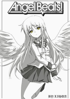 Rule 34 | 1girl, absurdres, angel, angel beats!, angel wings, chinese commentary, collared shirt, commentary request, copyright name, dazk, eyes visible through hair, feathered wings, feet out of frame, grey background, greyscale, hair between eyes, hand on own arm, highres, jacket, kneehighs, long hair, long sleeves, looking at viewer, miniskirt, monochrome, neck ribbon, parted lips, pleated skirt, ribbon, school uniform, shirt, sidelocks, simple background, skirt, socks, solo, standing, standing on one leg, straight hair, tachibana kanade, very long hair, wings, yellow eyes