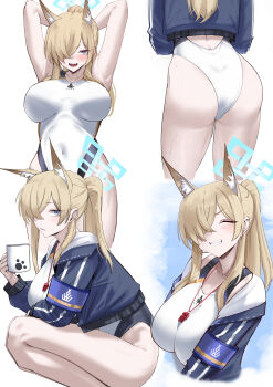 Rule 34 | 1girl, animal ear fluff, animal ears, arms up, ass, blonde hair, blue archive, blue eyes, blue halo, blue jacket, blush, breasts, cliov, closed eyes, cup, dog ears, duplicate, extra ears, grin, halo, highres, holding, holding cup, jacket, kanna (blue archive), kanna (swimsuit) (blue archive), large breasts, lifeguard, mug, multiple views, one-piece swimsuit, open mouth, pixel-perfect duplicate, smile, swimsuit, whistle, whistle around neck, white one-piece swimsuit