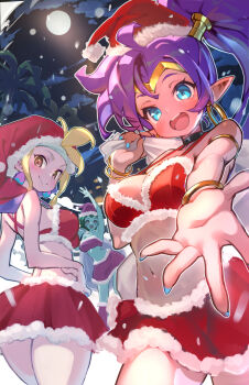 3girls bikini blonde_hair blue_eyes blue_skin breasts christmas cleavage colored_skin commentary earrings english_commentary full_moon green_hair highres hoop_earrings jewelry life_is_pi medium_breasts miniskirt moon multiple_girls night palm_tree ponytail purple_hair reaching reaching_towards_viewer red_skirt rottytops sack santa_bikini santa_costume shantae shantae_(series) skirt sky_(shantae) swimsuit tree