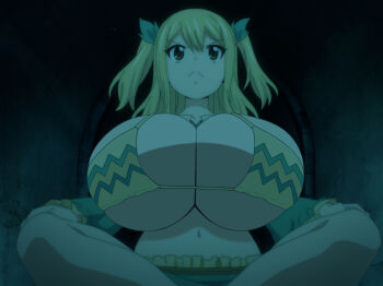 1girl alternate_breast_size_(larger) bikini bikini_top_only blonde_hair breasts byleths200 cleavage crossed_legs fairy_tail female_focus highres huge_breasts lucy_heartfilia medium_hair navel screencap sitting solo swimsuit third-party_edit twintails underboob underwater