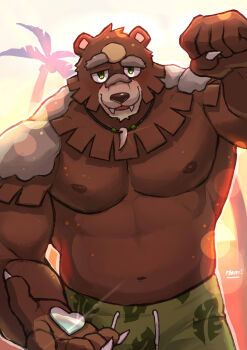 1boy abs absurdres animal_ears bara bear_boy bear_ears blackham brown_fur claws clenched_hand coconut_tree diffraction_spikes facial_mark fangs furry furry_male green_eyes green_pants heart highres holding jewelry looking_at_viewer male_focus muscular muscular_male navel necklace nintendo nipples open_hand open_mouth palm_tree pants pectorals pokemon signature smile sunset tooth_necklace topless_male tree ursaluna