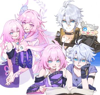 Rule 34 | 1boy, 2girls, aged down, ahoge, bare shoulders, blue eyes, book, chimera (honkai: star rail), coat, commentary request, cyrene (demiurge) (honkai: star rail), cyrene (honkai: star rail), cyrene (philia093) (honkai: star rail), diamond-shaped pupils, diamond (shape), dress, dual persona, flower, gloves, hair flower, hair ornament, honkai: star rail, honkai (series), long hair, mem (honkai: star rail), multiple girls, multiple views, open book, phainon (a dream scented in wheat) (honkai: star rail), phainon (honkai: star rail), pink hair, pointy ears, purple coat, purple eyes, purple gloves, purple shirt, reading, shirt, short hair, simple background, smile, symbol-shaped pupils, very long hair, white background, white dress, white hair, yurika48597221