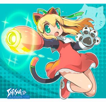 1girl :o android animal_ear_hairband animal_ears animal_hands arm_cannon artist_name bib_collar blonde_hair cat_ear_hairband cat_ears cat_tail commentary_request dress fake_animal_ears full_body gloves green_eyes green_ribbon hair_ribbon hairband highres long_hair mechanical_ears mechanical_tail mega_man_(classic) mega_man_(series) open_mouth outstretched_arm paw_gloves petticoat ponytail powering_up red_dress red_hairband red_shoes revision ribbon roll_(mega_man) shisui shoes short_dress solo tail weapon
