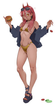 1girl anger_vein armpit_crease bikini black_choker breasts burger chainsaw_man cheshirrr choker collarbone commentary cross-shaped_pupils demon_horns earrings english_commentary eyelashes food food_on_floor full_body gold_bikini gold_earrings grey_shirt groin hair_between_eyes hair_over_shoulder highres hip_dips holding holding_burger holding_food hoop_earrings horns jewelry long_hair long_hair_between_eyes long_sleeves looking_at_viewer nail_polish navel off_shoulder open_clothes open_shirt orange_eyes parted_bangs pink_hair pink_nails platform_sandals power_(chainsaw_man) red_horns red_nails ribs sandals sharp_teeth shirt small_breasts spoken_anger_vein standing sunglasses swimsuit symbol-shaped_pupils tan tanline teeth toenail_polish toenails toned toned_female tongue tongue_out v-shaped_eyebrows white_background