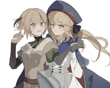 2girls armor artoria_caster_(fate) artoria_caster_(second_ascension)_(fate) artoria_pendragon_(fate) belt beret black_gloves black_ribbon blonde_hair blue_bow blue_cloak blush bow breasts brown_belt brown_dress buttons cloak closed_mouth collared_shirt dress fate/grand_order fate_(series) gareth_(fate) gareth_(first_ascension)_(fate) gloves green_eyes green_sweater hair_between_eyes hat highres holding_own_arm long_hair long_sleeves multiple_girls note_nii open_mouth ornament ribbon shirt short_hair skirt small_breasts smile sweater twintails white_background white_shirt white_skirt