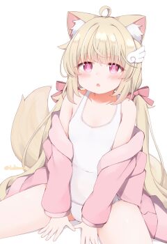 Rule 34 | 1girl, ahoge, animal ear fluff, animal ears, blonde hair, blush, bow, cat ears, cat girl, cat tail, chestnut mouth, chiffon (vrchat), commentary request, dot nose, hair bow, hair ornament, highres, long hair, one-piece swimsuit, open mouth, pink bow, pink eyes, pink shirt, school swimsuit, shirt, simple background, sitting, solo, spread legs, swimsuit, tail, tutsucha illust, twintails, twitter username, vrchat, white background, white one-piece swimsuit, wing hair ornament