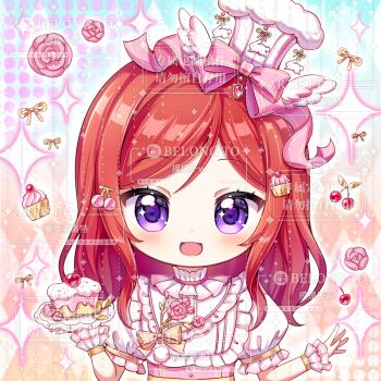 1girl :d blush cake cherry chibi chibi_only colorful_background dot_nose food frilled_sleeves frilled_wrist_cuffs frills fruit hat highres holding holding_plate long_hair looking_at_viewer monu_xialuote open_mouth original plate purple_eyes red_hair shirt short_sleeves smile solo sparkle upper_body watermark white_hat white_shirt wrist_cuffs