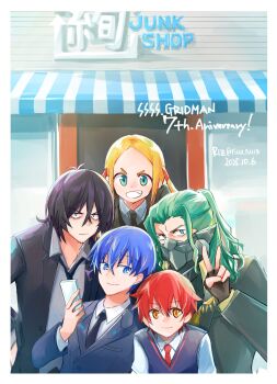 5boys black_hair black_suit blonde_hair blue_eyes blue_hair borr collared_shirt facial_hair formal_clothes gloves green_hair gridman_(character) gridman_(ssss) gridman_universe hair_between_eyes happy_anniversary hibiki_yuuta highres jacket long_hair long_sleeves mask max_(ssss.gridman) multiple_boys necktie red_hair risu_(ricca_rucca) samurai_calibur school_uniform shirt short_hair short_sleeves smile ssss.gridman suit sweater twintails v vit white_shirt wing_collar yellow_eyes