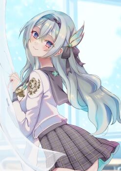 1girl absurdres black_hairband blush bug closed_mouth commentary_request firefly firefly_(honkai:_star_rail) firefly_(spring_missive)_(honkai:_star_rail) grey_skirt hair_between_eyes hair_ornament hairband highres honkai:_star_rail honkai_(series) insect is_(aisu) long_hair long_sleeves looking_at_viewer looking_back official_alternate_costume pink_eyes plaid_clothes plaid_skirt revision school_uniform shirt skirt smile solo very_long_hair white_shirt