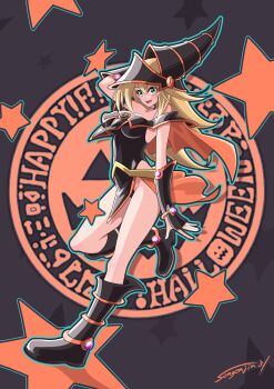 1girl :d alternate_color artist_name black_boots black_dress black_hat black_panties blonde_hair blush_stickers boots breasts capelet dark_magician_girl dress duel_monster green_eyes hair_between_eyes hat hexagram highres large_breasts leg_up long_hair looking_at_viewer open_mouth orange_capelet orange_skirt panties sengenjin31 short_dress signature skirt smile solo star_(symbol) underwear wizard_hat yu-gi-oh!